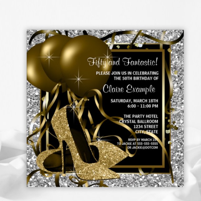 Black Silver Gold High Heels Womans Birthday Party Invitation (You can change the wording and font style as needed on this any occasion invitation.)