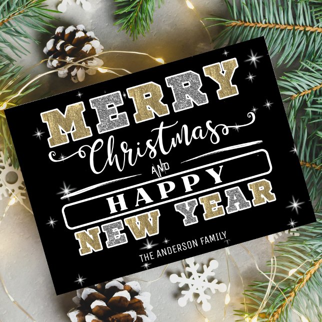 Black Silver & Gold Merry Christmas Happy New Year Holiday Card (Black Silver & Gold Merry Christmas Happy New Year Holiday Card)