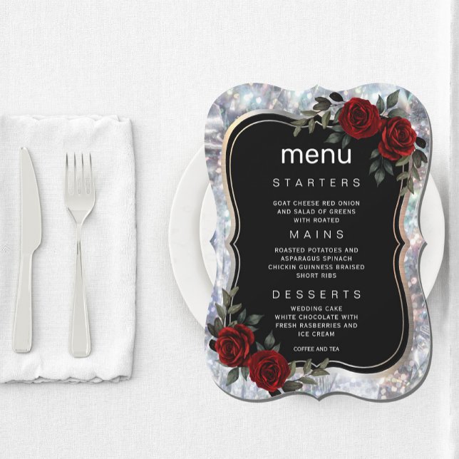 Black Silver Gothic Red Green Floral Menu Invitation (Black Silver Gothic Red Green Floral Menu Invitation #zazzlemade #menuinvitation #dinner #wedding)