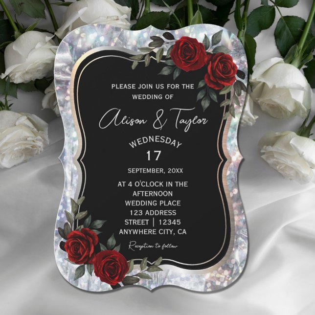 Black Silver Gothic Red Green Floral Wedding  Invitation (Black Silver Gothic Red Green Floral Wedding Invitation #zazzlemade #elegantredflowers #weddingcard)