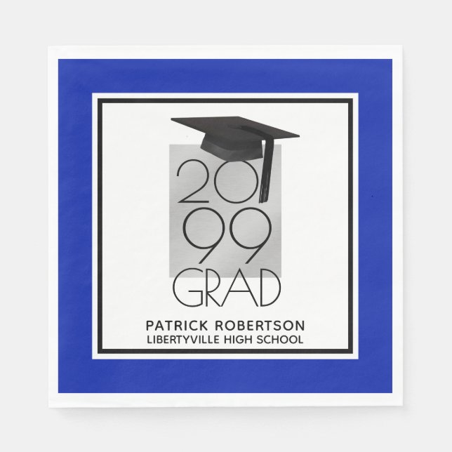 Black & Silver GRAD | Editable Blue | Graduation Napkin (Front)