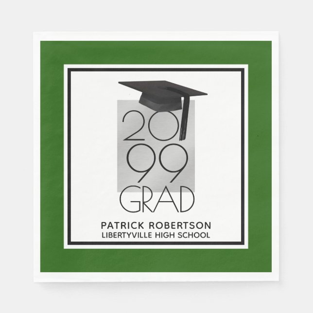 Black & Silver GRAD | Editable Green | Graduation Napkin (Front)