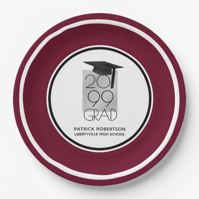 Black & Silver GRAD | Editable Maroon | Graduation Paper Plate (Front)