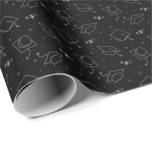 Black & Silver Graduation Cap Toss Wrapping Paper