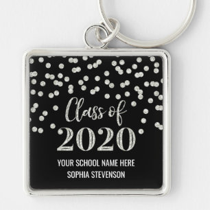 Black Silver Graduation Class of 2020 Confetti Key Ring