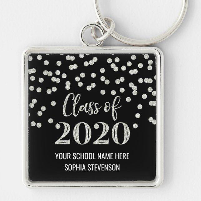 Black Silver Graduation Class of 2020 Confetti Key Ring (Front)