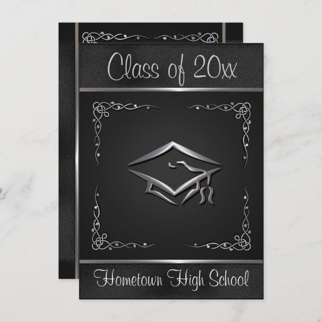 Black Silver Graduation Invitations (Front/Back)