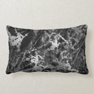 Black Silver Graphite Grey Marble Stone Glam Lumbar Cushion