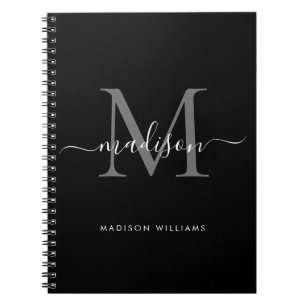 Black Silver Gray Monogram Script Name Initial Notebook