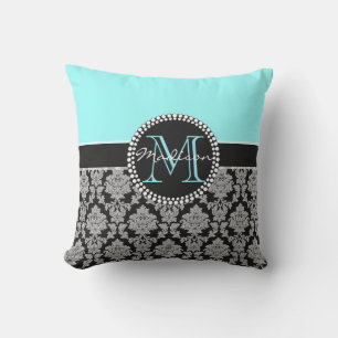 Black silver grey Damask, turquoise, aqua blue Outdoor Cushion