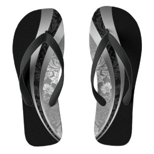 Black & Silver Grey Damasks Geometric Design Thongs