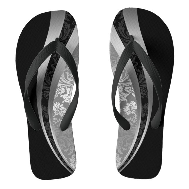 Black & Silver Grey Damasks Geometric Design Thongs (Footbed)