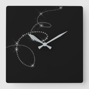 Black Silver Grey Gemms Crystal Swarovski Infinity Square Wall Clock