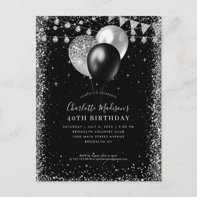 Black Silver Grey Glitter Balloon Any Age Birthday Postcard (Front)