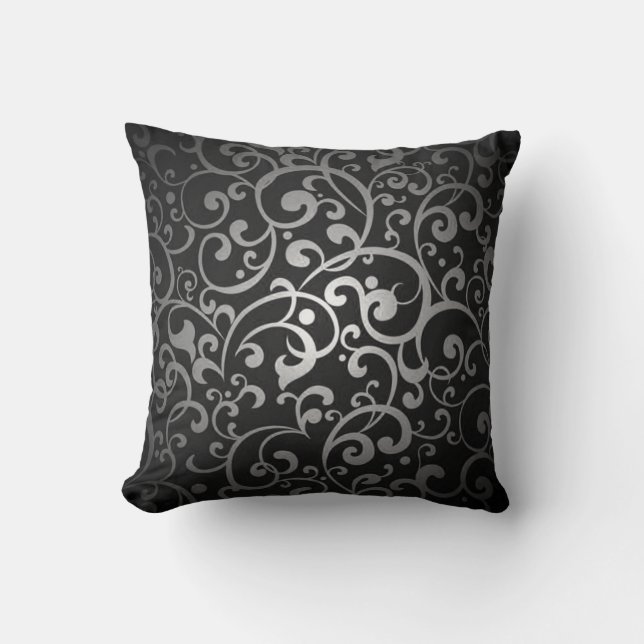 BLACK SILVER GREY GRAY DIGITAL SWIRLS RANDOM ABSTR CUSHION (Front)