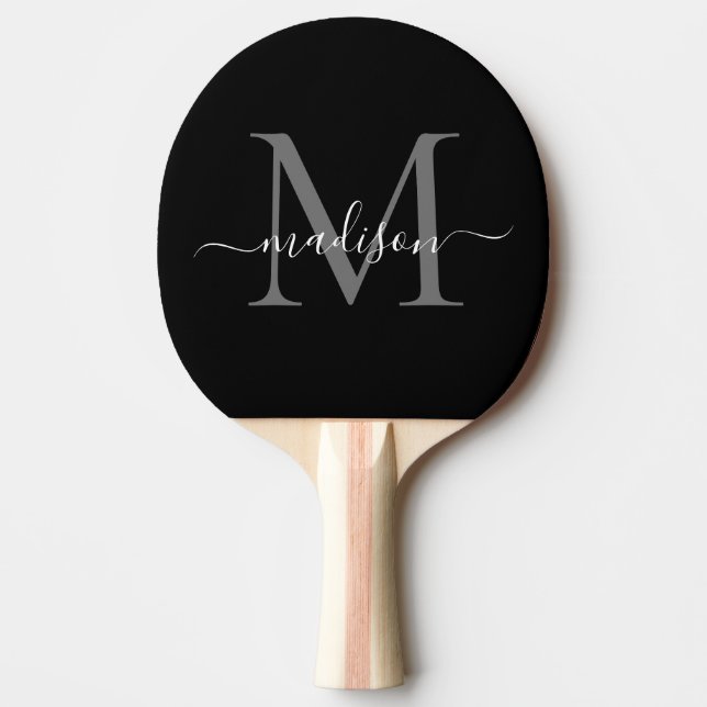 Black Silver Grey Monogram Elegant Script Name Ping Pong Paddle (Front)