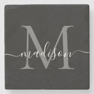 Black Silver Grey Monogram Feminine Script Name Stone Coaster