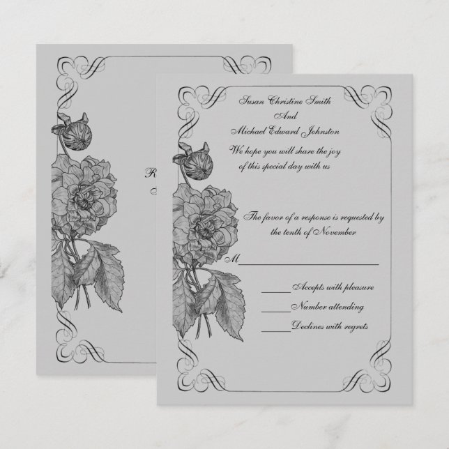 Black Silver Grey Peony Floral Wedding  RSVP Card (Front/Back)