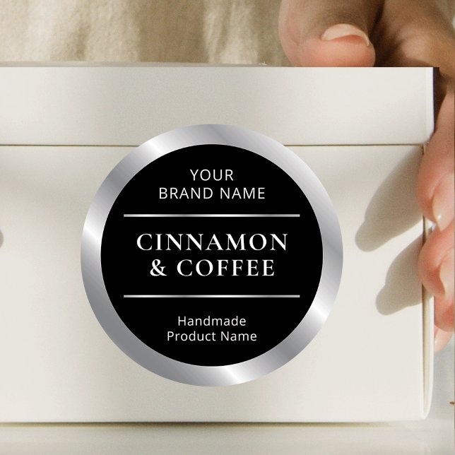 Black & Silver Handmade Product Scent Name Classic Round Sticker (Modern black and silver round product label with fully editable text)