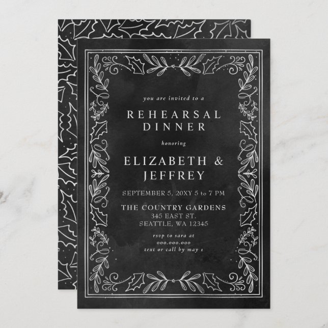 Black Silver Holly Christmas Rehearsal Dinner Invitation (Front/Back)