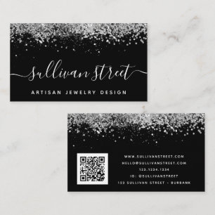 Black Silver Holographic Glitter QR Code  Business Card