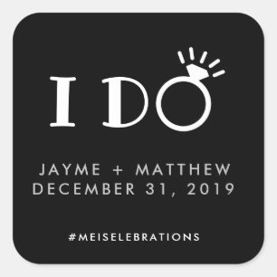 Black Silver 'I Do' Wedding Couple Hashtag Square Sticker