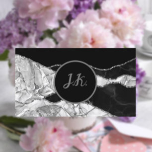 Black Silver Initials Agate Glam Marble Business Card