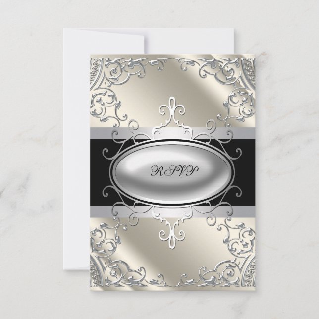 Black Silver Ivory Black White RSVP Card (Front)