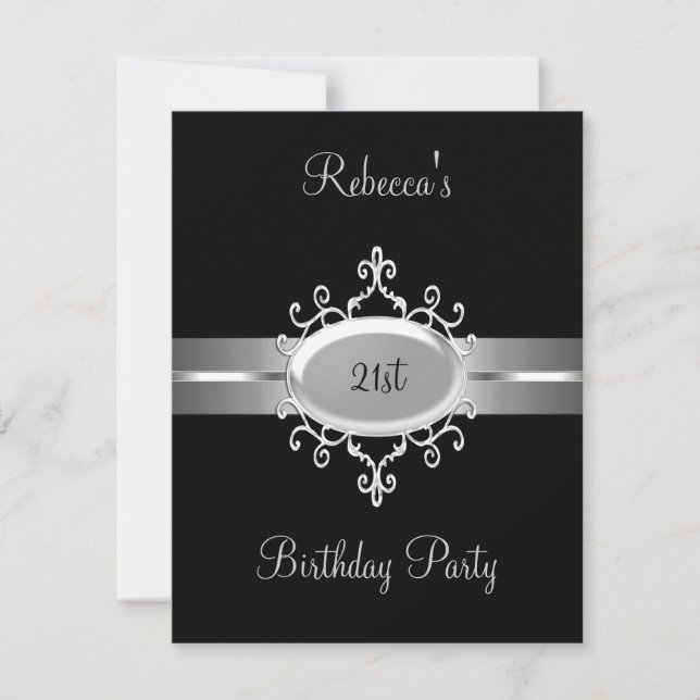 Black Silver Jewel 21st Elegant Birthday Party Invitation (Front)