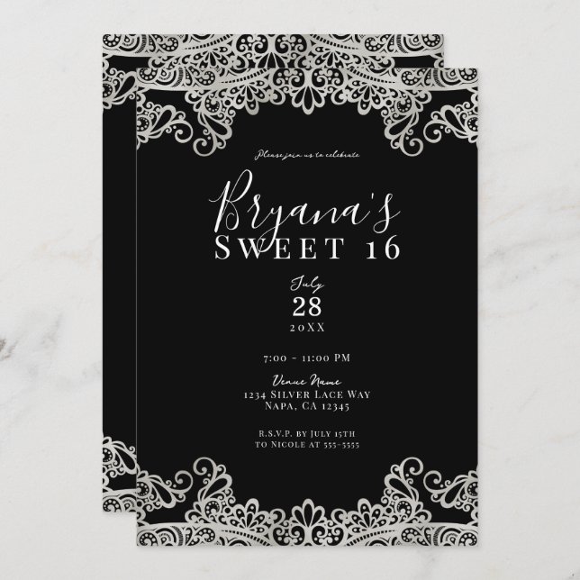 Black & Silver Lace Elegant Sweet 16 Party  Invitation (Front/Back)