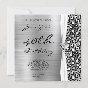 Black Silver Leopard Foil Gem Ribbon 40th Birthday Invitation
