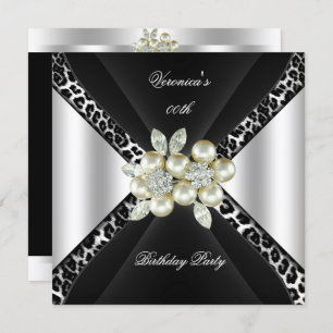 Black Silver Leopard Pearl Jewel Birthday Party Invitation