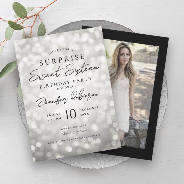 Black Silver Lights Photo SURPRISE Sweet 16   Invitation (Black Silver Lights Photo SURPRISE Sweet 16 Invitation)