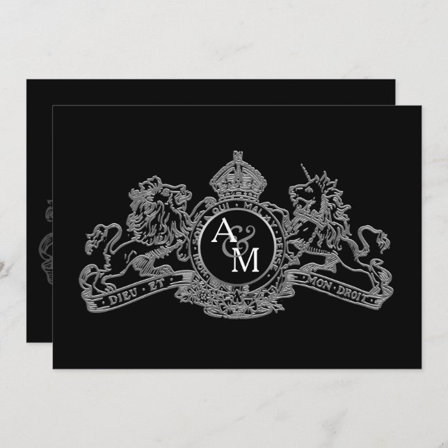 Black Silver Lion Unicorn Regal Emblem Wedding Invitation (Front/Back)