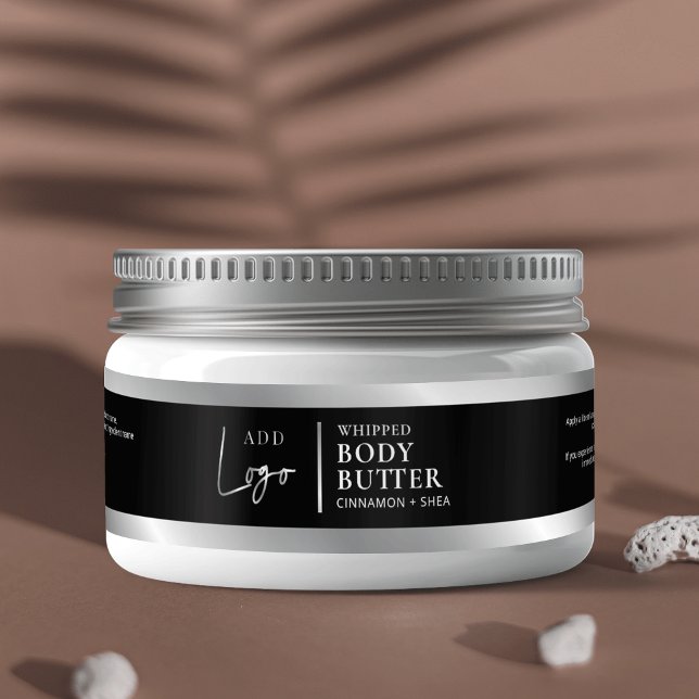 Black & Silver Logo 4 OZ 120ml Cosmetic Jar Label (Modern black and faux silver effect cosmetic jar wraparound label)