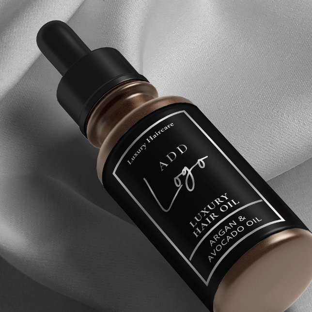 Black & Silver Logo Hair Oil Dropper Bottle Label (Elegant black and silver 2 OZ dropper bottle *verify size* wrapper style label with your custom logo)