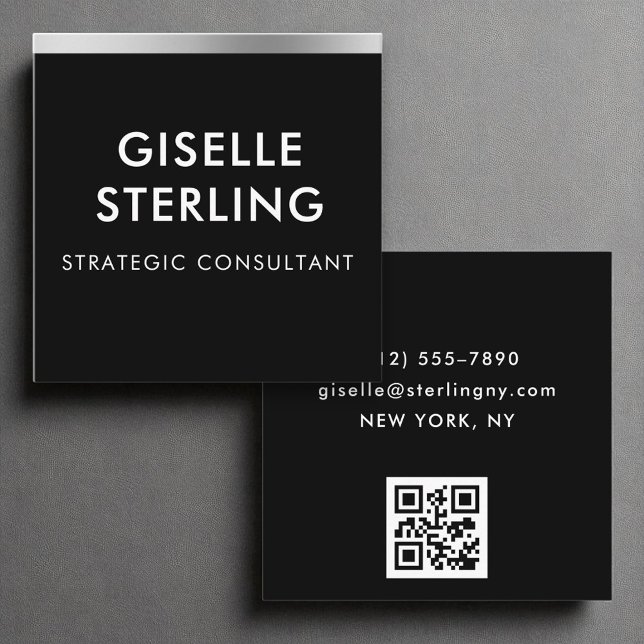 Black Silver Luxury QR Code Minimal Typography  Square Business Card (Creator Uploaded)