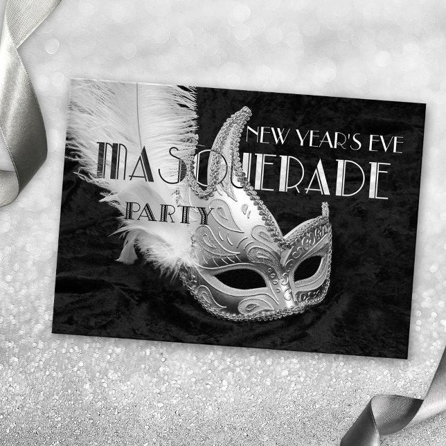 Black Silver Masquerade Ball Party Invitation (A festive masquerade party invitation in black and white featuring a silver mask on black velvet)