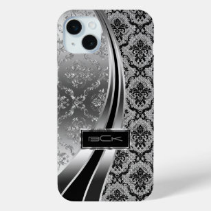 Black & Silver Metallic, Diamonds Glitter & Damask iPhone 15 Mini Case