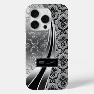 Black & Silver Metallic, Diamonds Glitter & Damask iPhone 15 Pro Case