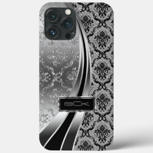 Black & Silver Metallic, Diamonds Glitter & Damask iPhone 13 Pro Max Case