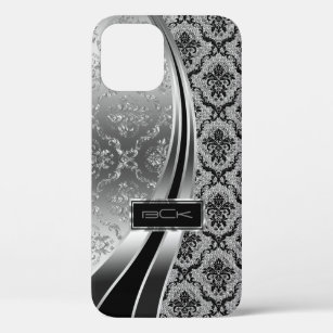 Black & Silver Metallic, Diamonds Glitter & Damask iPhone 12 Pro Case