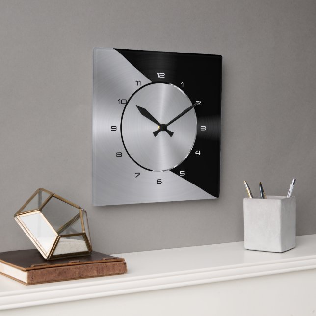 Black & Silver Modern Metallic Geometric design 2 Square Wall Clock (Office)