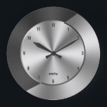 Black & Silver Modern Metallic Geometric design Large Clock<br><div class="desc">Elegant slick modern black and silver-grey metallic texture print cool abstract dynamic design.</div>