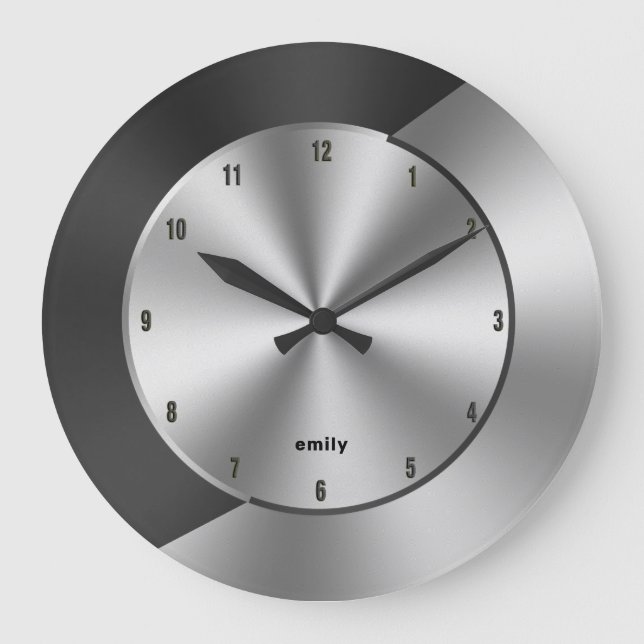 Black & Silver Modern Metallic Geometric design Large Clock (Front)