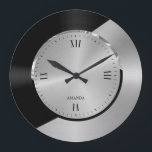 Black & Silver Modern Metallic Geometric design Large Clock<br><div class="desc">Elegant slick modern black and silver metallic texture print cool abstract dynamic design.</div>