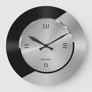 Black & Silver Modern Metallic Geometric design Large Clock