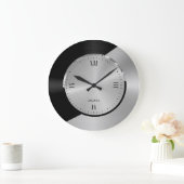 Black & Silver Modern Metallic Geometric design Large Clock (Home)