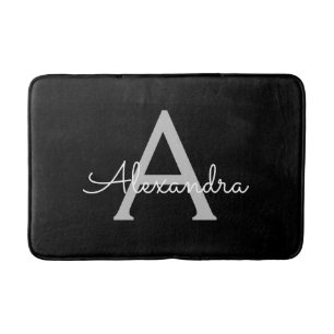 Black Silver Modern Script Girly Monogram Name Bath Mat