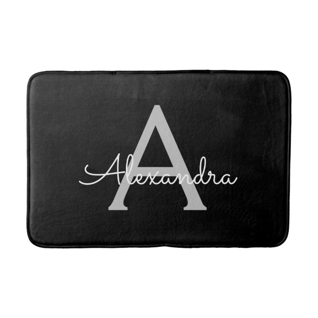 Black Silver Modern Script Girly Monogram Name Bath Mat (Front)